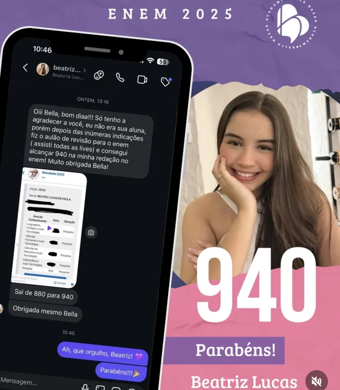 Print de mensagem: Beatriz Lucas, de 880 para 940 sem ser aluna