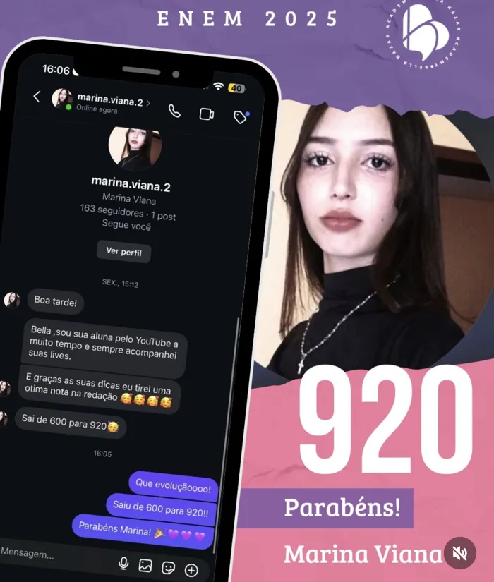 Print de mensagem: Marina Viana, de 600 para 920 pelo YouTube