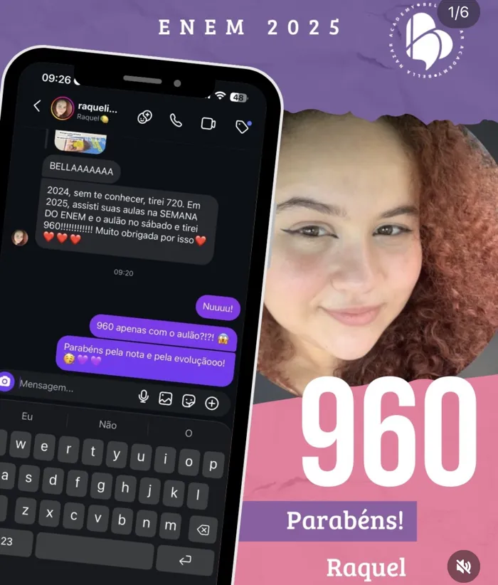 Print de mensagem: Raquel, de 720 para 960 só com o aulão